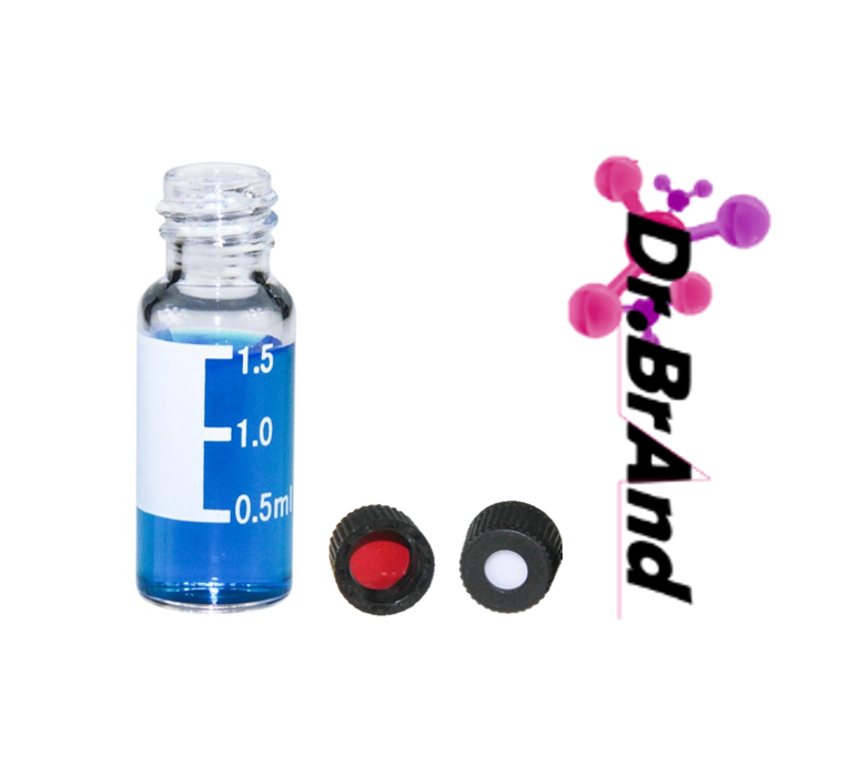 KIT Vial para Cromatografía 2 ml, vidrio transparente 12 x 32 mm, 8-425 cuello de rosca con rotulo y graduación, con Tapa rosca Color negro 8-425 orificio central Septa 8mm silicona blanca / PTFE rojo 1.5mm X 100 Unidades