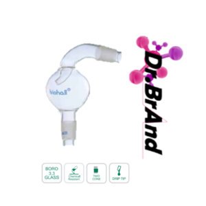 Adaptador Cabezal Contra Salpicaduras Vertical Forma De Pera Inclinada, En vidrio Borosilicato 3.3. Esmerilado Hembra 29/32 Macho 29/32.