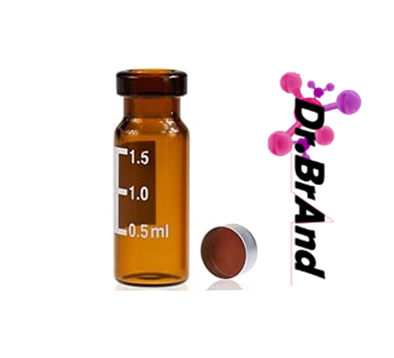 Kit Vial Agrafe Vidrio Ambar 2ML, para GC + Septa + Tapa Agrafe con Agujero Central, Con Zona de Escritura, 100 Unidades.