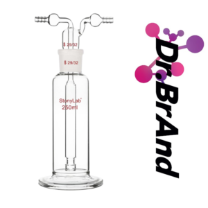 Botella Para Lavado de Gas 250ml, en Vidrio Borosilicato, con Esmerilado 29/32, 2 Salidas Tipo Espigo de 8mm D.E.