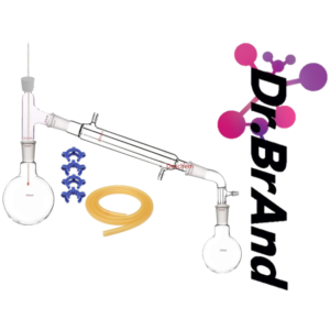 Sistema de Destilacion en Vidrio Bajo Volumen, Balon de Carga de 500ml 24/40, Serpentin 24/40, Balon Colector 100ml 24/40, Claisen 24/40, Termometro, 4 Seguros Plasticos, 1 Metro de Manguera de Latex.