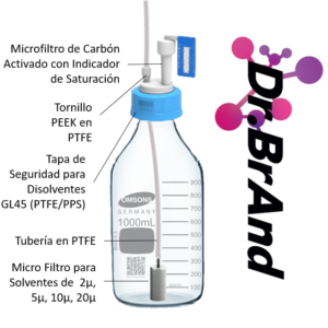 Sistema de Ultra Filtracion de Fases Móviles, Incluye Frasco 1L, Filtro en Acero Inoxidable, Tuberia Capilar en PTFE, Tapa de Seguridad con Salidas de Rosca con Tornillo Peek , Microfiltro de Carbon Activado.