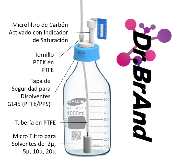 Sistema de Ultra Filtracion de Fases Móviles, Incluye Frasco 1L, Filtro en Acero Inoxidable, Tuberia Capilar en PTFE, Tapa de Seguridad con Salidas de Rosca con Tornillo Peek , Microfiltro de Carbon Activado.
