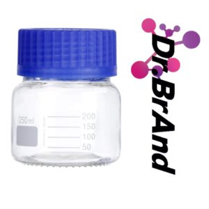 Frasco de Vidrio Graduado para Almacenamiento de Reactivos, Capacidad 250 ML, Boca Ancha, Cierre Roscado GL80 de Polipropileno, Tapa Color Azul