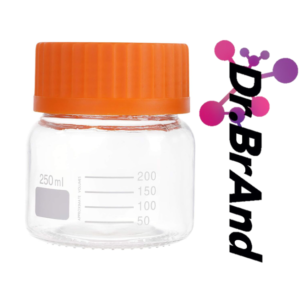 Frasco de Vidrio Graduado para Almacenamiento de Reactivos, Capacidad 250 ML, Boca Ancha, Cierre Roscado GL80 de Polipropileno, Tapa Color Naranja.