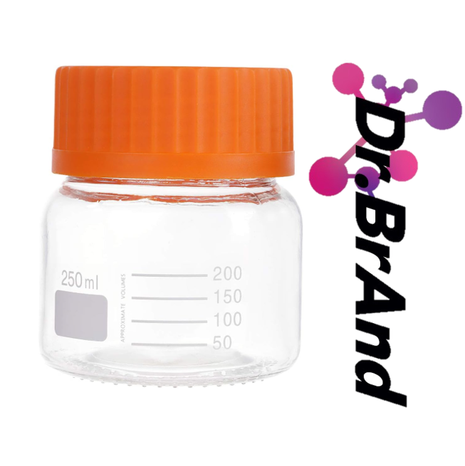 Frasco de Vidrio Graduado para Almacenamiento de Reactivos, Capacidad 250 ML, Boca Ancha, Cierre Roscado GL80 de Polipropileno, Tapa Color Naranja.
