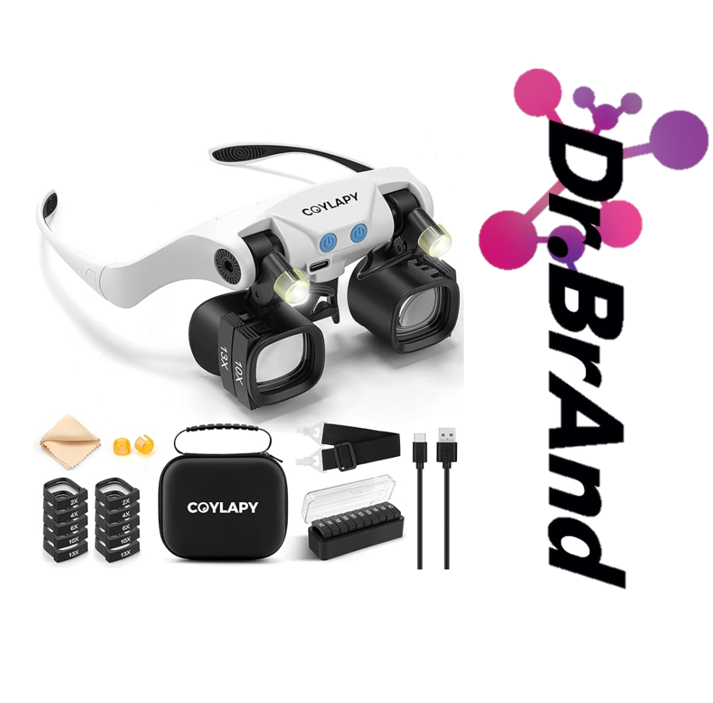 Lupa de Cabeza con Luz LED y 5 Lentes Intercambiables (2X, 4X, 6X, 10X y 13X) con Estuche